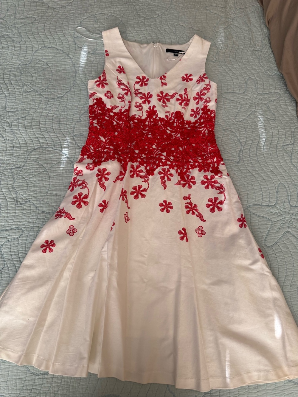 Women White Dress with Red Floral Embroidery